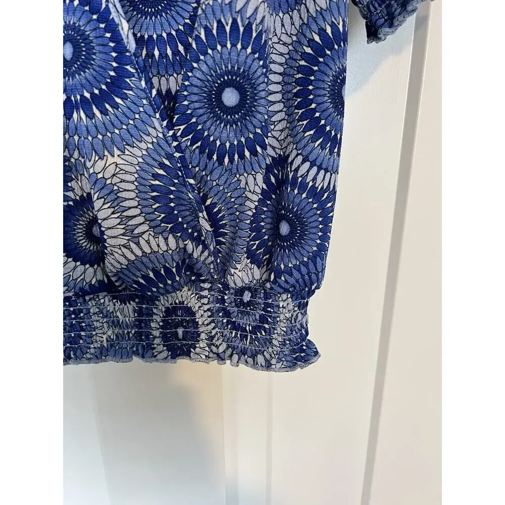 Melloday Women's Smocked Wrap Top Blue Floral Large - Picture 3 of 9